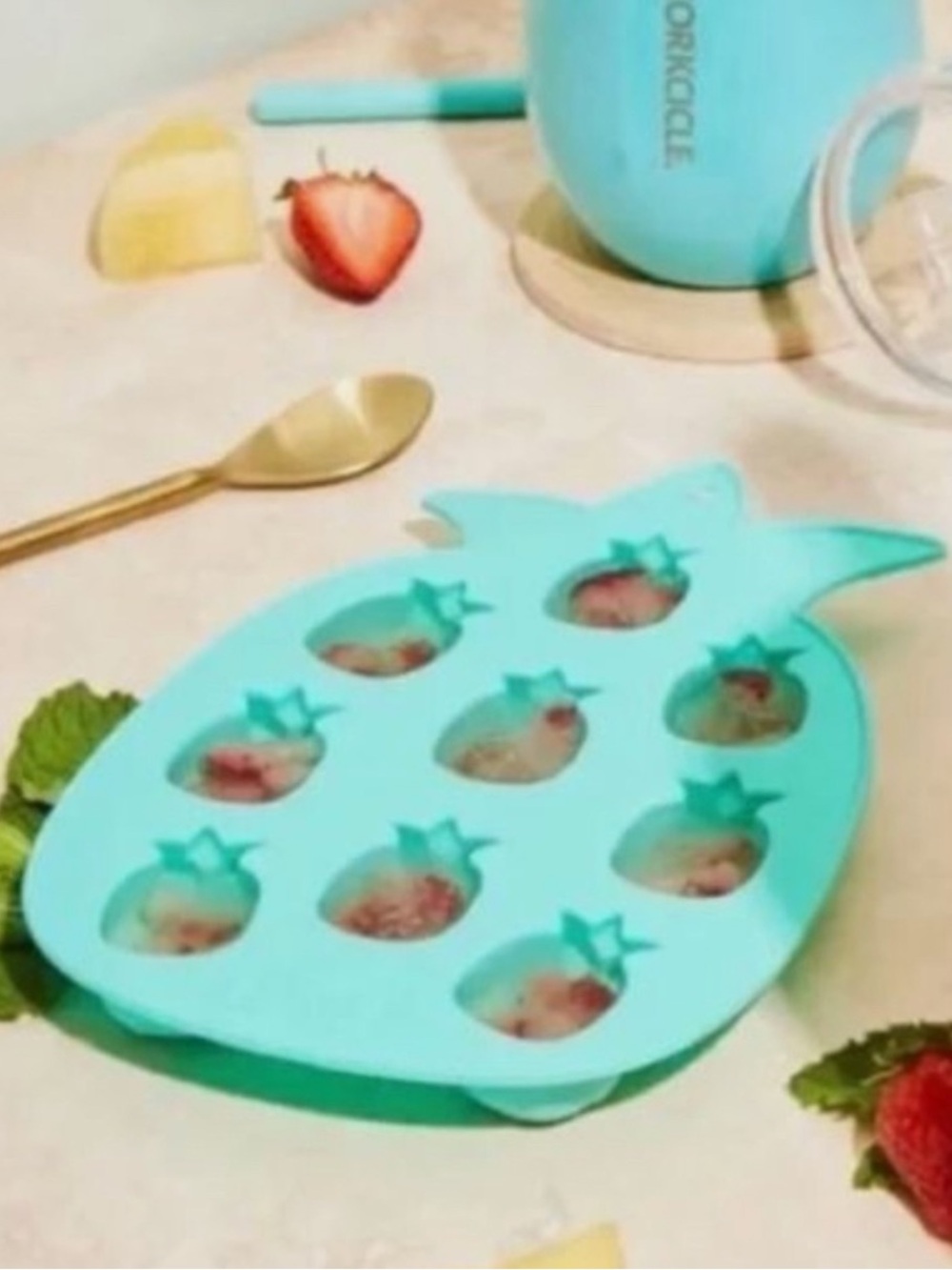 Blush Silicone Pineapple Shaped Ice Cube Mold Tray in Summer Blue